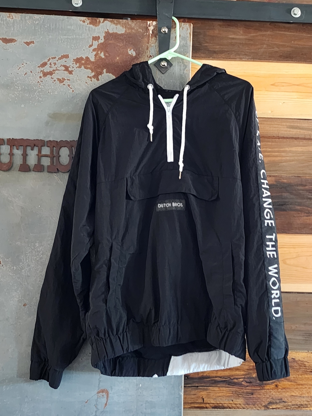 Dutch Bros Black Pullover Windbreaker Hoodie 'Stay Up Late & Change The World"
